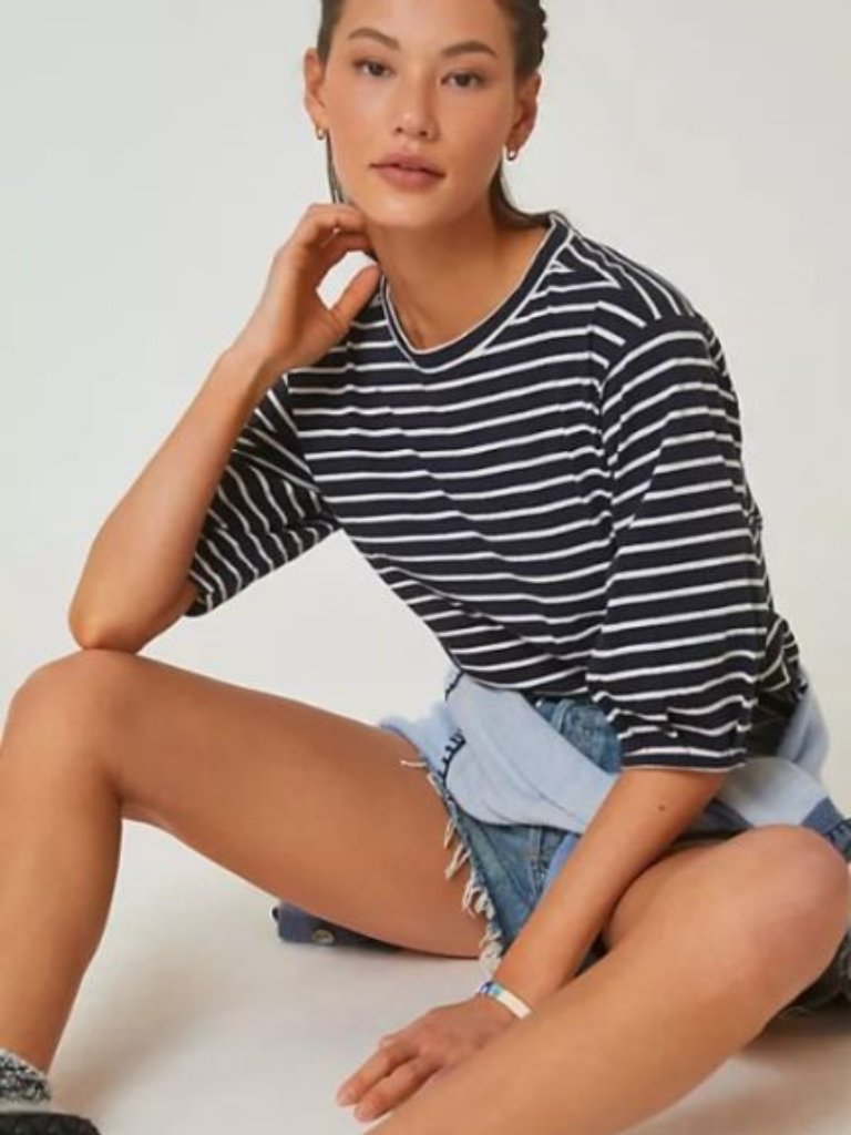 Anthropologie Maeve Navy Blue And White Striped Tee